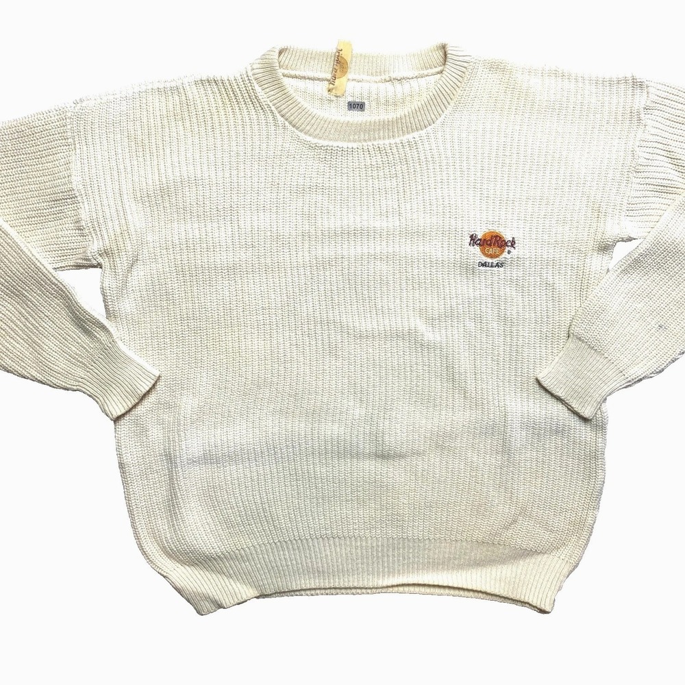 Hard Rock Cafe Knit Sweater Mens Large Beige Pullover Cable Crew Neck